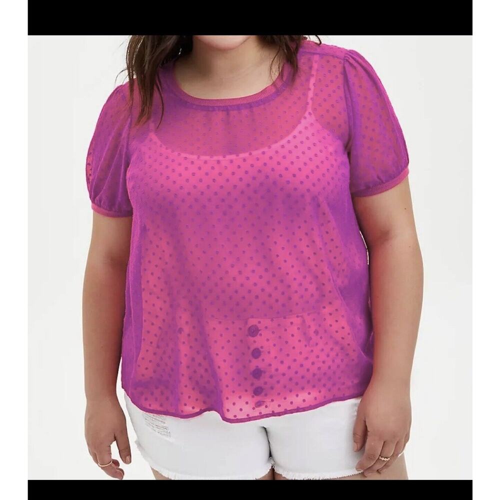 TORRID Plus Size Pink Chiffon Clip Dot Blouse Sheer Sz 4